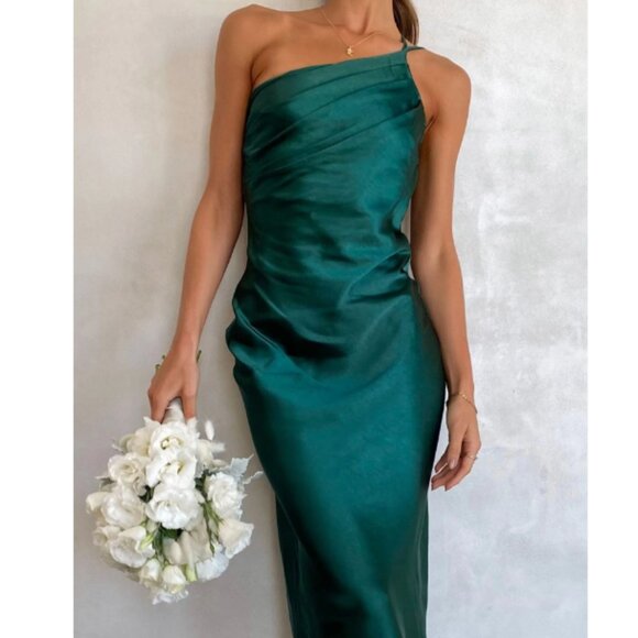 Silky One Shoulder Midi Dress - Emerald Green - Picture 8 of 8